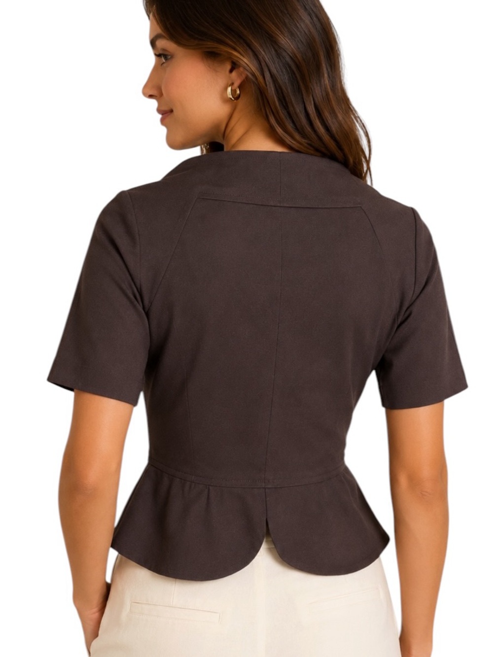 New Charles Chang-Lima Y2k Brown Ponte Knit Peplum Cropped Blazer Top - 8 View 3